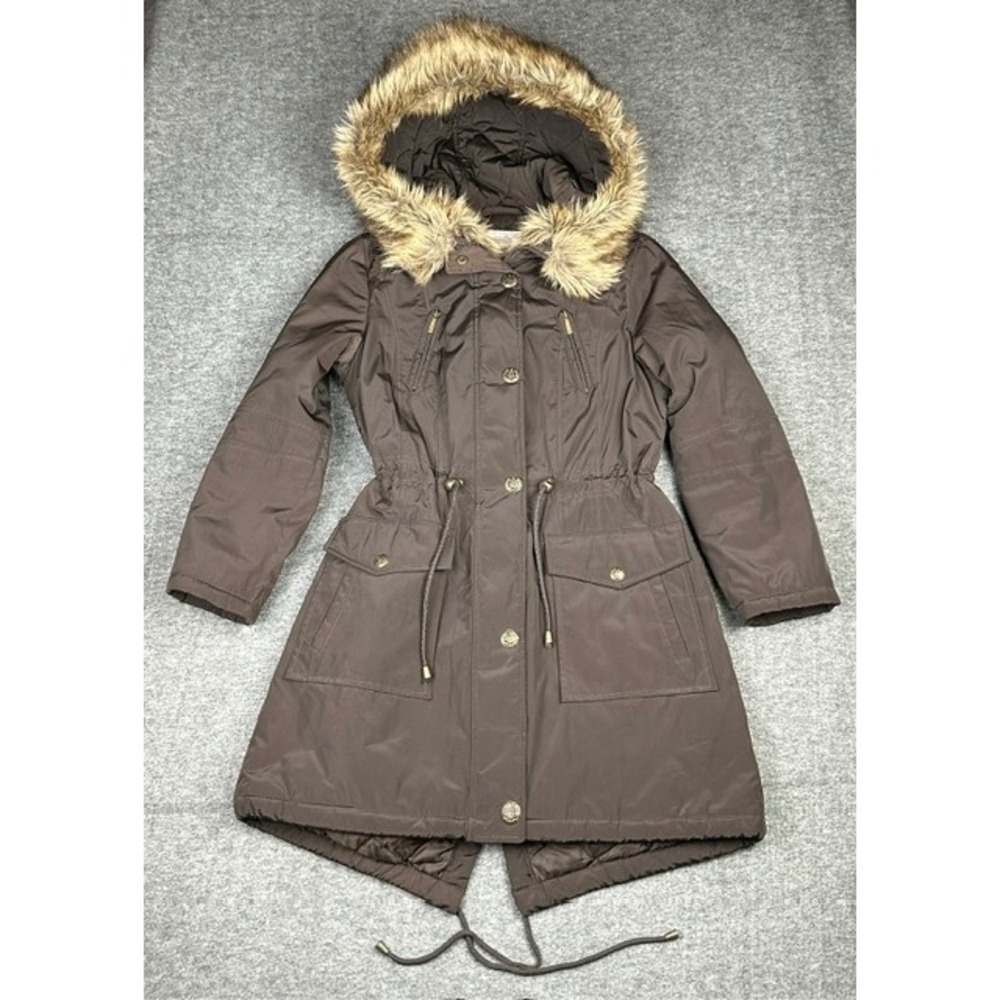 Laundry by Shelli Segal Brown Faux Fur Trim Hooded Parka Coat Small EUC